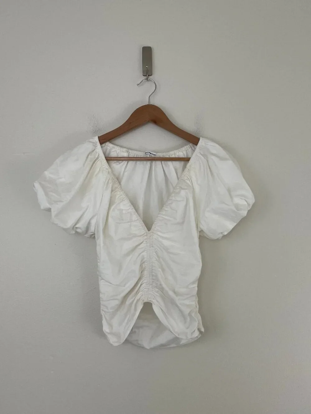Reformation Sonny White Ruched Puff Sleeve Top Size 0